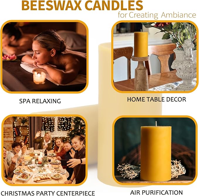 Natural Beeswax Candles Pillar, 2 Packs, 70 Hours Burn Time, 100% Pure Beeswax Candles for Home Deco, Smokeless & Dripless Bees Wax Candle for Relax, Prayer, Air Purification, 2x4 inch