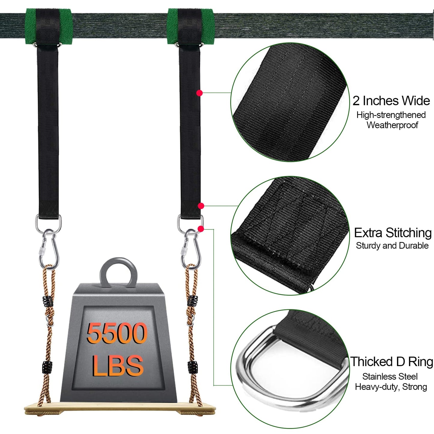 Werflyto Safe Tree Swing Hanging Straps Kit, 3FT/10FT/15FT/20FT, Heavy Duty Holds 5500LBS Extra Long Adjustable Tree Swing Straps, Easy & Fast Way to Hang Any Swing or Hammock(15 FT)