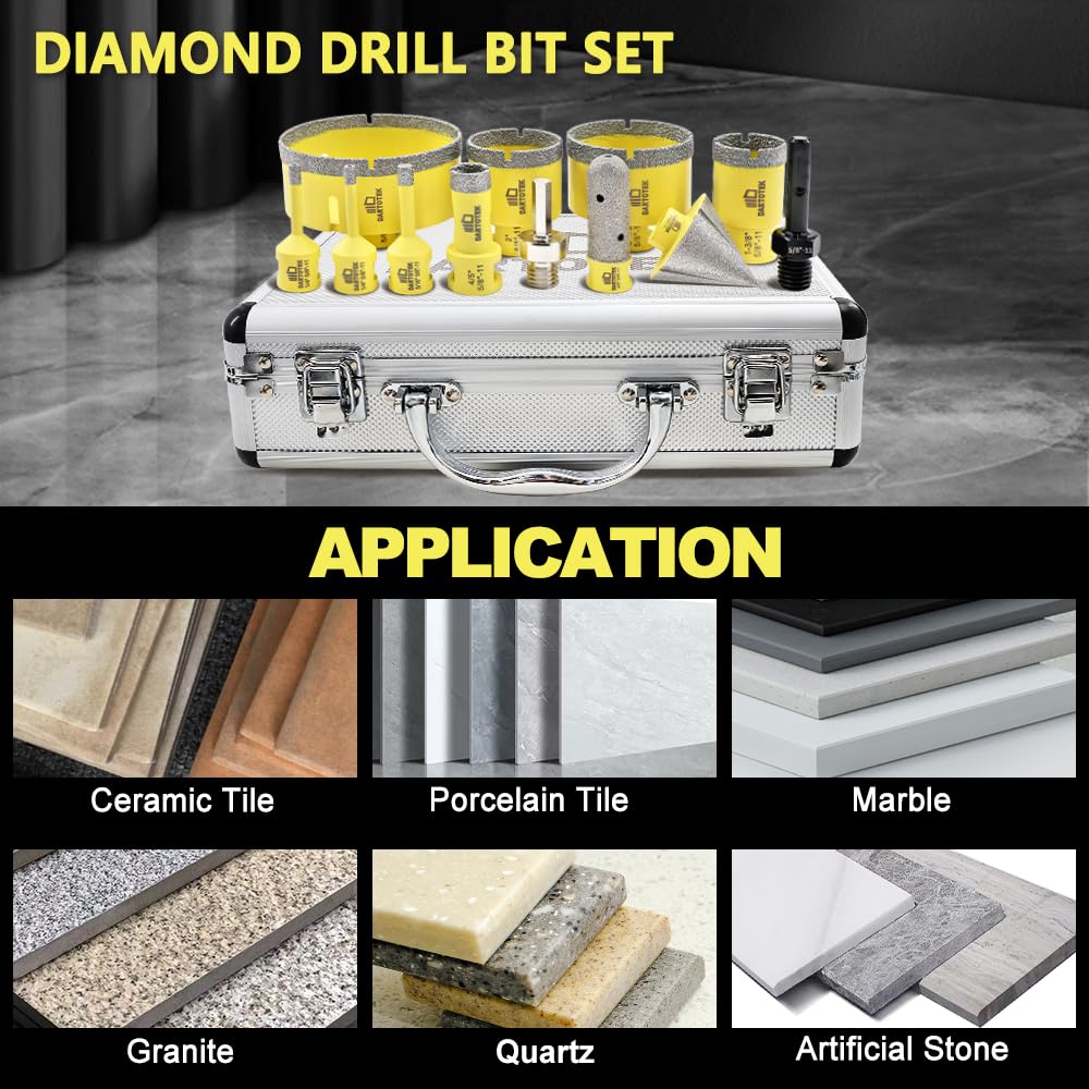 Diamond Core Drill Bits Set 12PCS - DARTOTEK Tile Hole Saw Kit (6/6/8/20/35/50/65/100/20mm/2/SDS/HEX for Porcelain, Ceramic Tile, Granite, Marble, Masonry