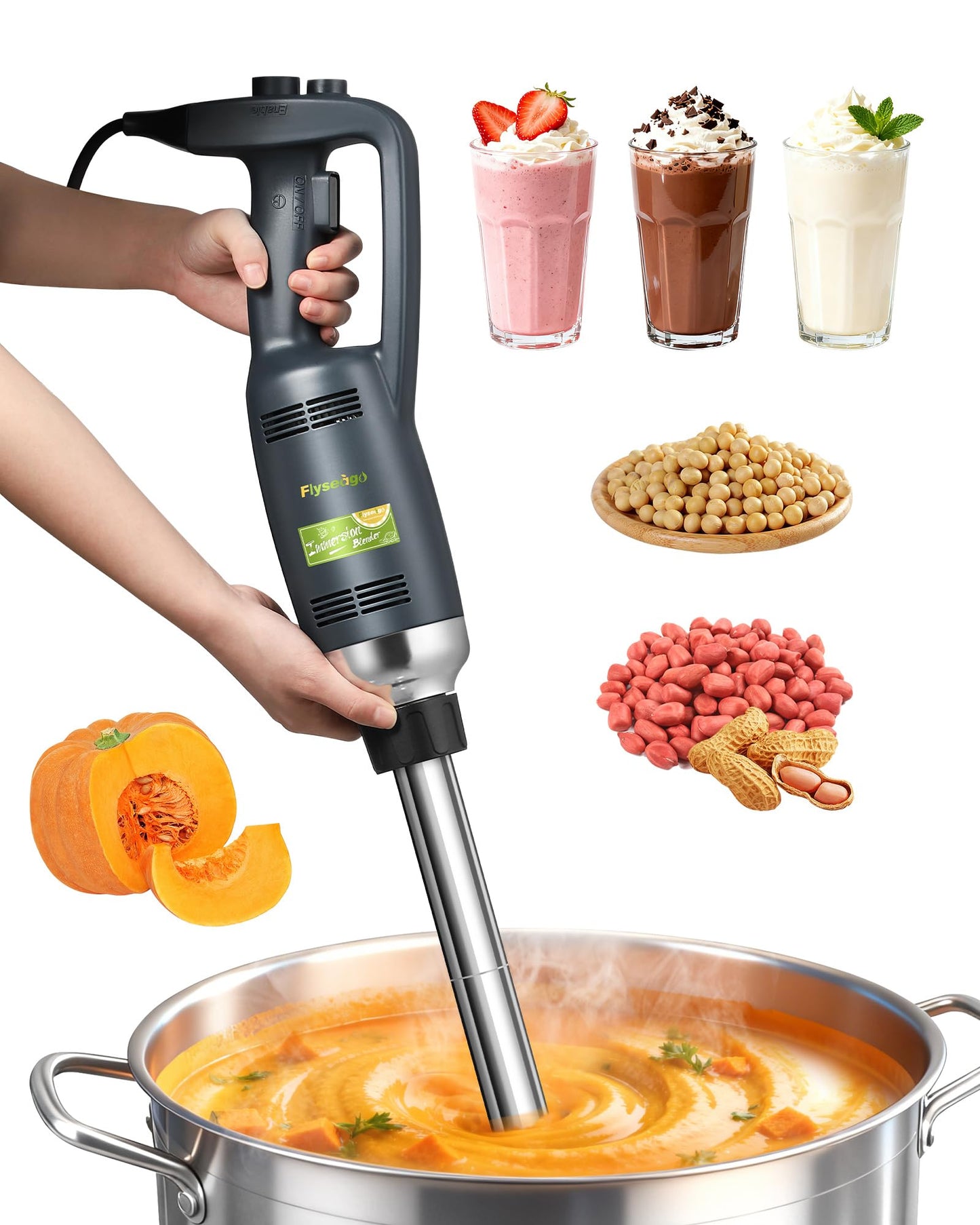 Flyseago Commercial Immersion Blender Hand held Blenders Heavy Duty Variable Speed Mixer 4000-16000RPM with 20-Inch Removable Shaft 50-Gallon Capacity 500W Multifunction Pro Electric Stick Emulsifier