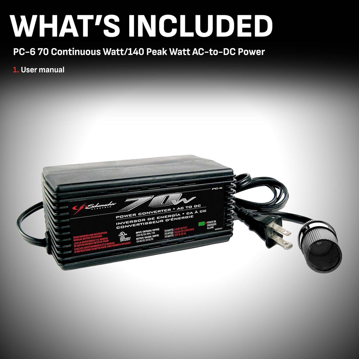 Schumacher Electric PC-6, 70 140 12 AC to DC Power Converter, Continuous Watts, Peak Watts, Volt DC Accessory Port