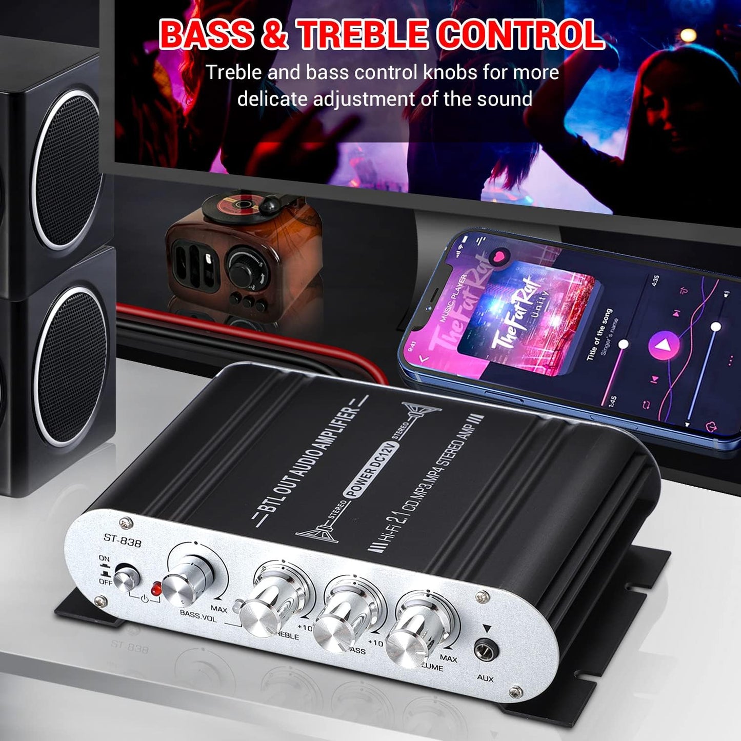 Facmogu ST-838 2.1 20Wx2+40W 80W Channel HiFi Stereo Subwoofer Amplifier, RMS Mini Digital Audio Power Amplifier
