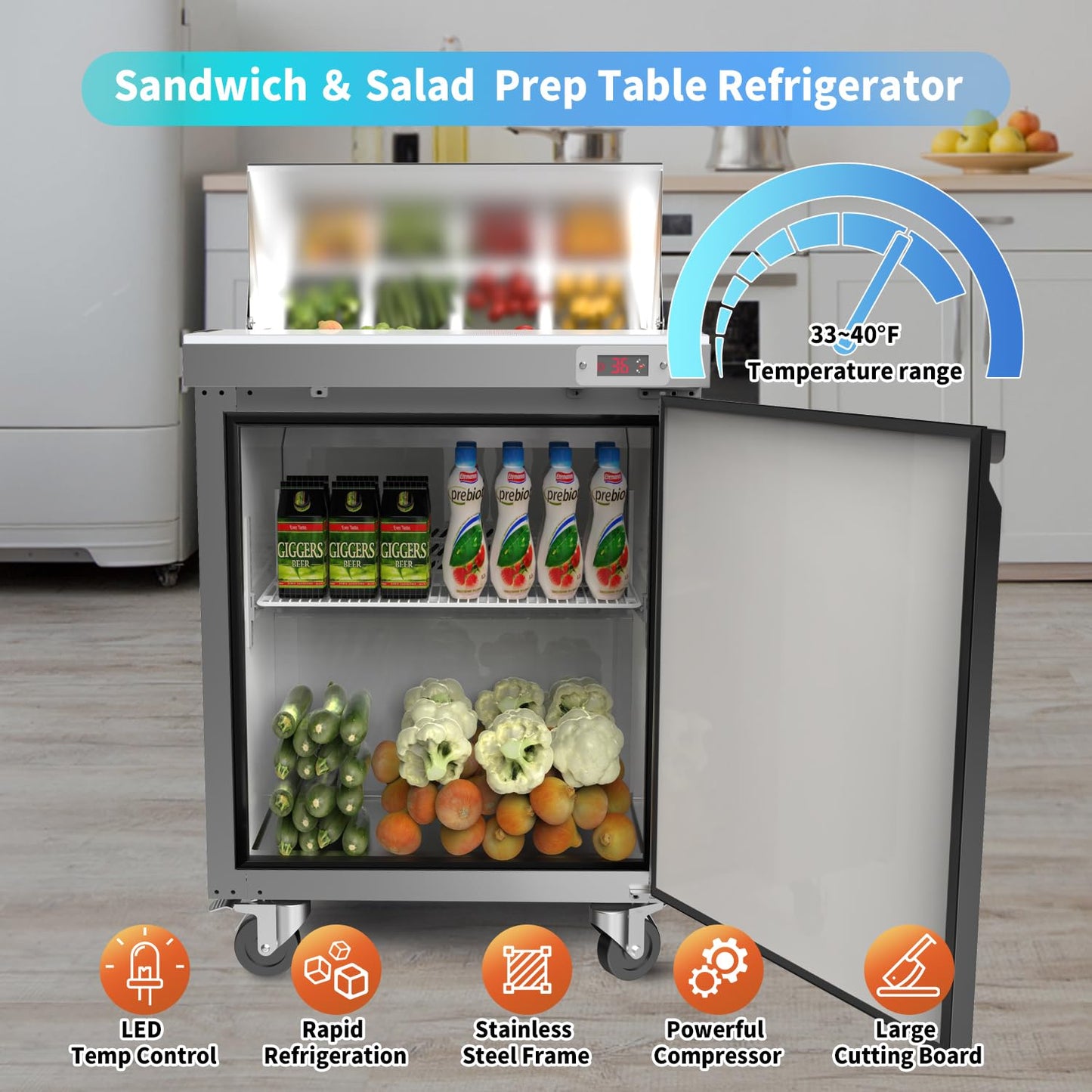 ECEVT 29" W Commercial Refrigerator Sandwich Salad Prep Table Refrigerator Stainless Steel with 8 Pans, Kitchen Equipment for Restaurant, Bar, Shop, Buffet, etc, ETL/NSF/DOE Approved