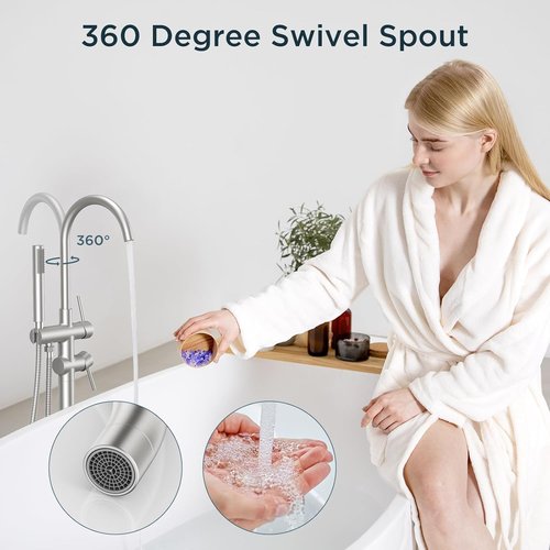 FORIOUS Freestanding Tub Faucet - High Flow Brass Bathtub Filler with Handheld Shower | Brushed Nickel Finish