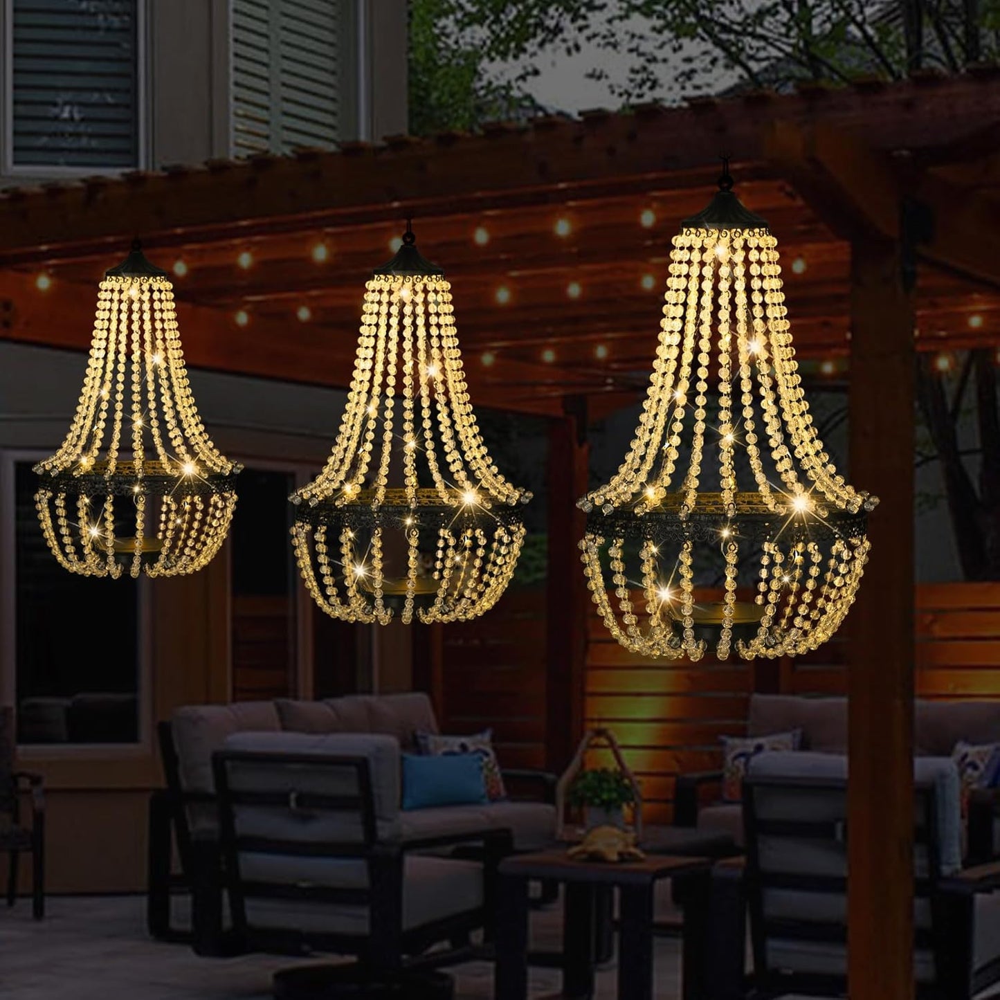 Skiennix Hanging Solar Lantern - 28” Modern Clear Crystal Acrylic Chandelier with 30 Warm White Lights for Garden & Patio Decor