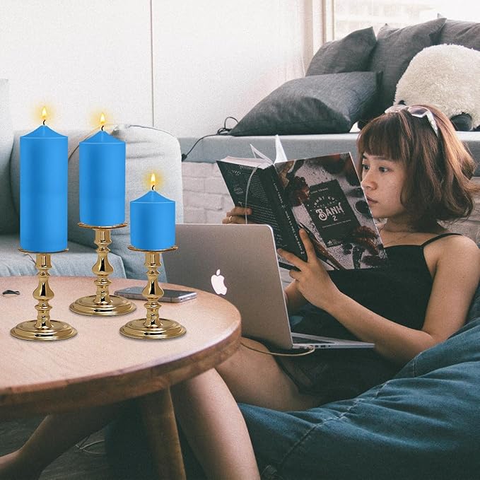 Pillar Candles 3 x 4, 6, and 8 inches, Large Handmade Candles Set of 3, Blue Decorative Candles for Wedding, Home Decoration, Dinner, Church