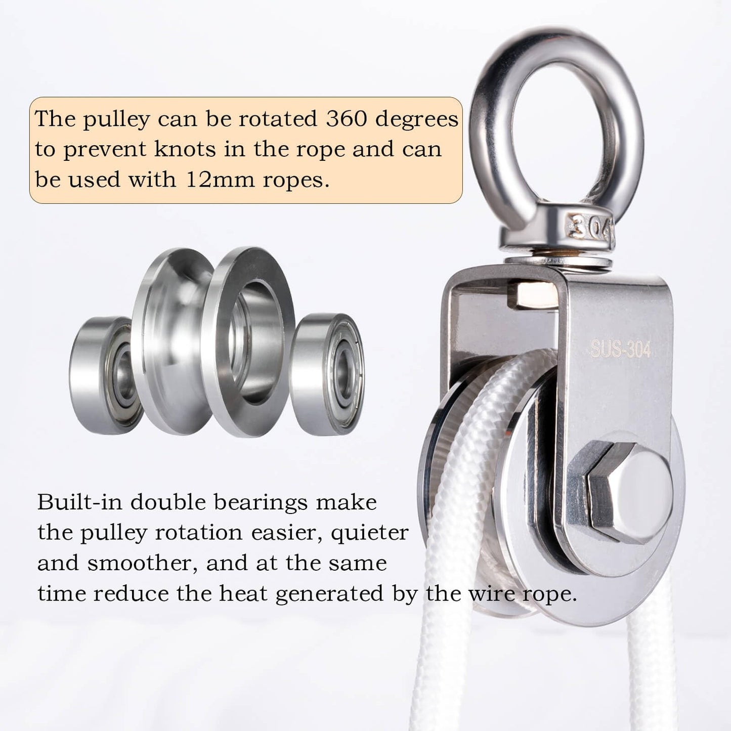 SHINICO Cable Pulley Wheel, Swivel Single Pulley Block, 304 Stainless Steel, Bearing Inside, Heavy Duty Good for Pulley System Gym Equipment, Loading 1100lb