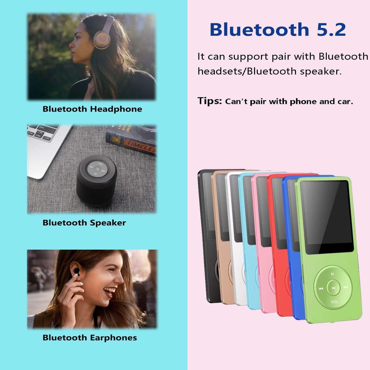arungo MP3 128GB 5.2 1.8 inch Player with Bluetooth Portable HiFi Lossless Sound Mini Music Player Voice Recorder