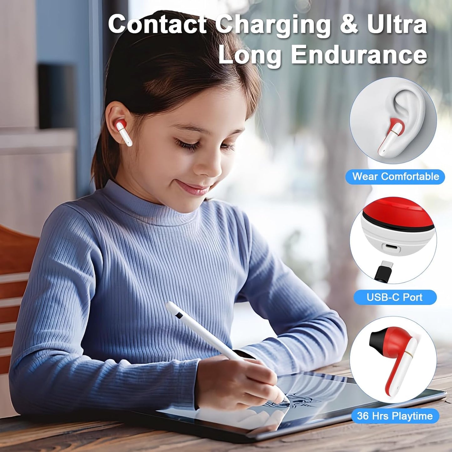 Wireless Earbuds for Kids,Comfortable Wireless Earphones Fit Ergonomic Design Ball Shape Ear Buds with Mic for Android