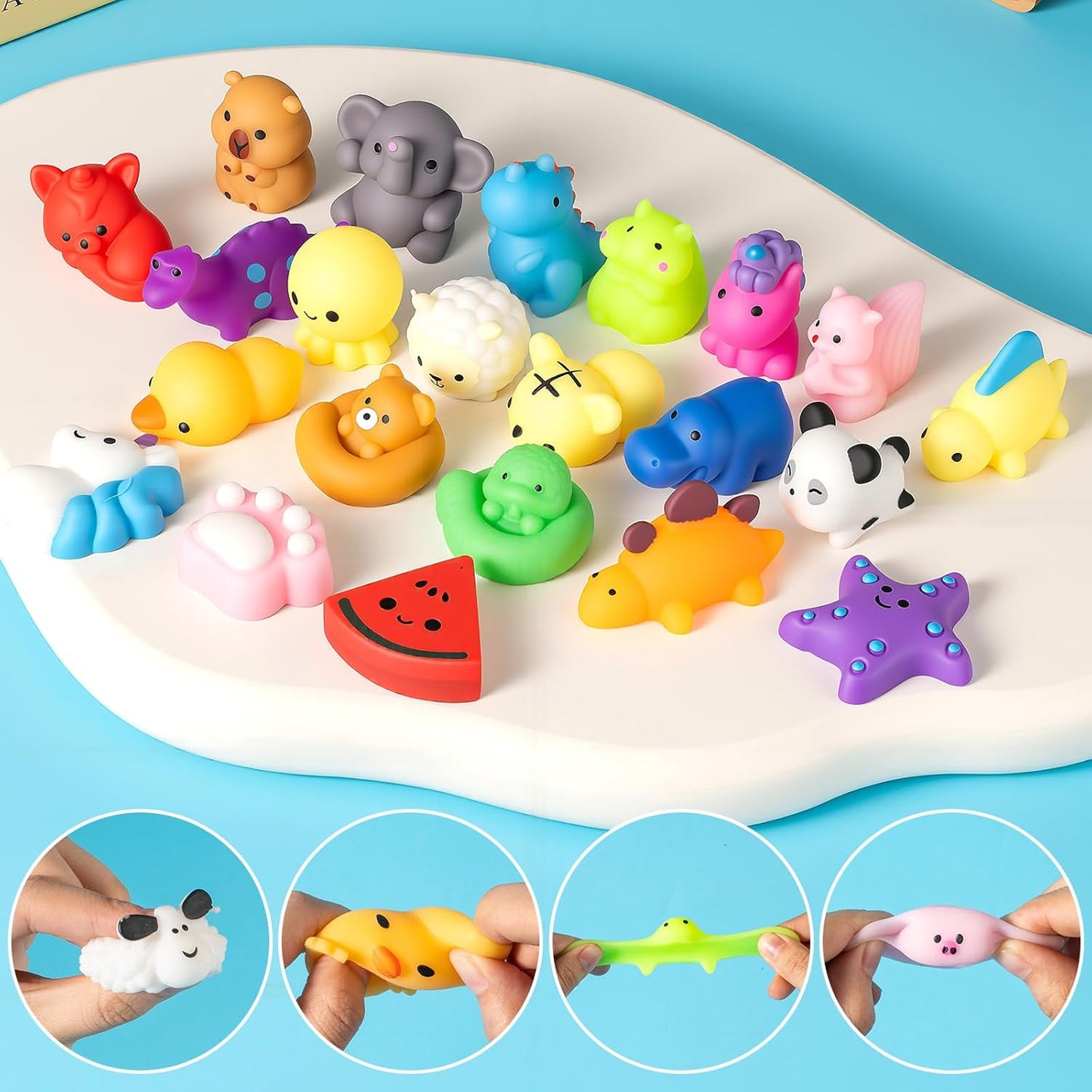 Skiennix 25 Pcs Mochi Squishy Toys - Kawaii Animal Stress Relief Toys in Storage Bucket | Perfect for Party Favors & Classroom Prizes