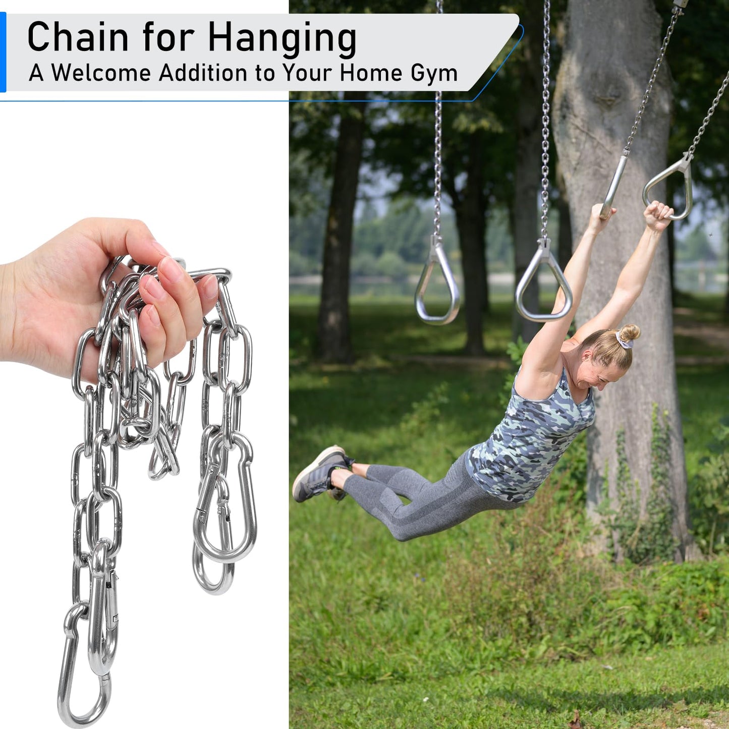 2 Pack 30 Inch Heavy Duty Chains, 1/5 Inch Thick Steel Hanging Chain with Spring Snap, Easy to Install Chain Extender for Punching Boxing Bag, Hammock, Porch Yoga Trapeze Swing, Silver, 440LB