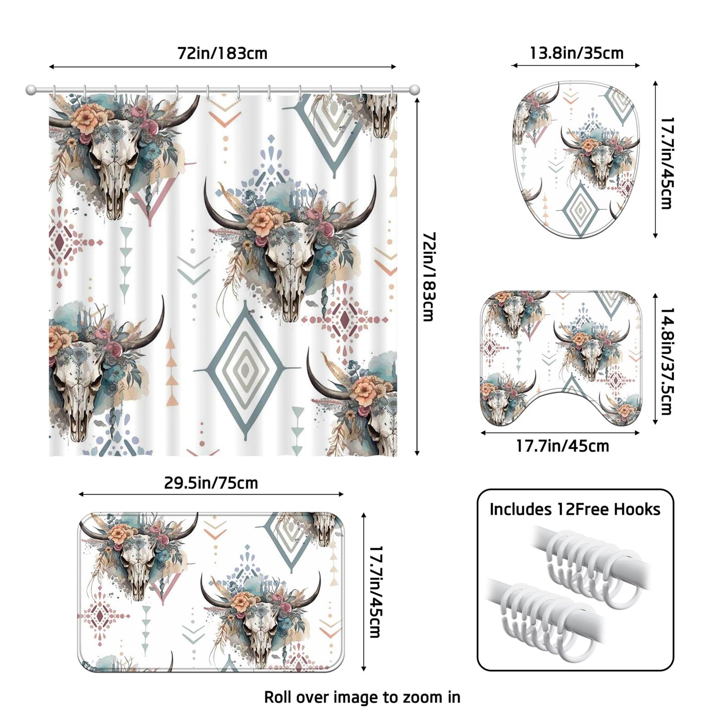 Ticuenicoa Western Cow Skull Shower Curtain Set, 4 Pcs 72x72 Inch Bathroom Decor with Bath Mat, U-Shape Rug, Toilet Lid Cover & 12 Rustic Hooks, Waterproof Anti-Slip Design
