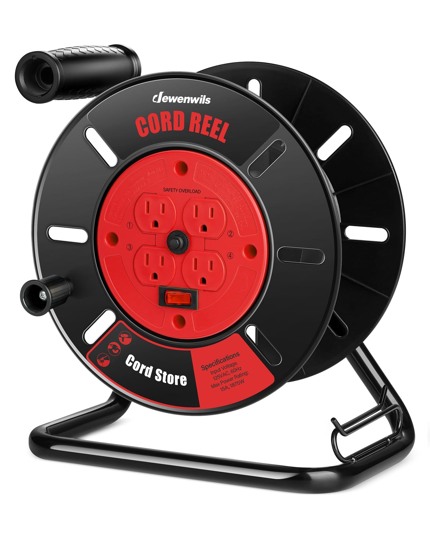 DEWENWILS Extension Cord Storage Reel with 4-Grounded Outlets, Heavy Duty Open Cord Reel for 12/3,14/3,16/3 Gauge Power Cord, Hand Wind Retractable, 15A Circuit Breaker, Rocker Power Switch