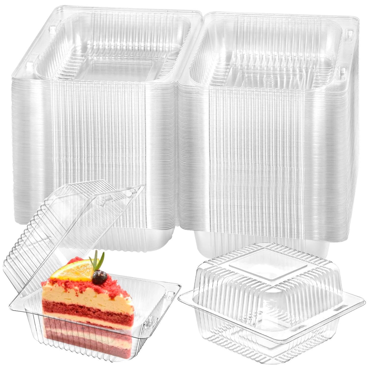 TOFLEN 100 Pack Plastic Clamshell Food Containers, Clear Square Cake Slice Containers with Hinged Lids, Disposable To Go Boxes for Mini Cake, Salad, Sandwich, Dessert, Cookie