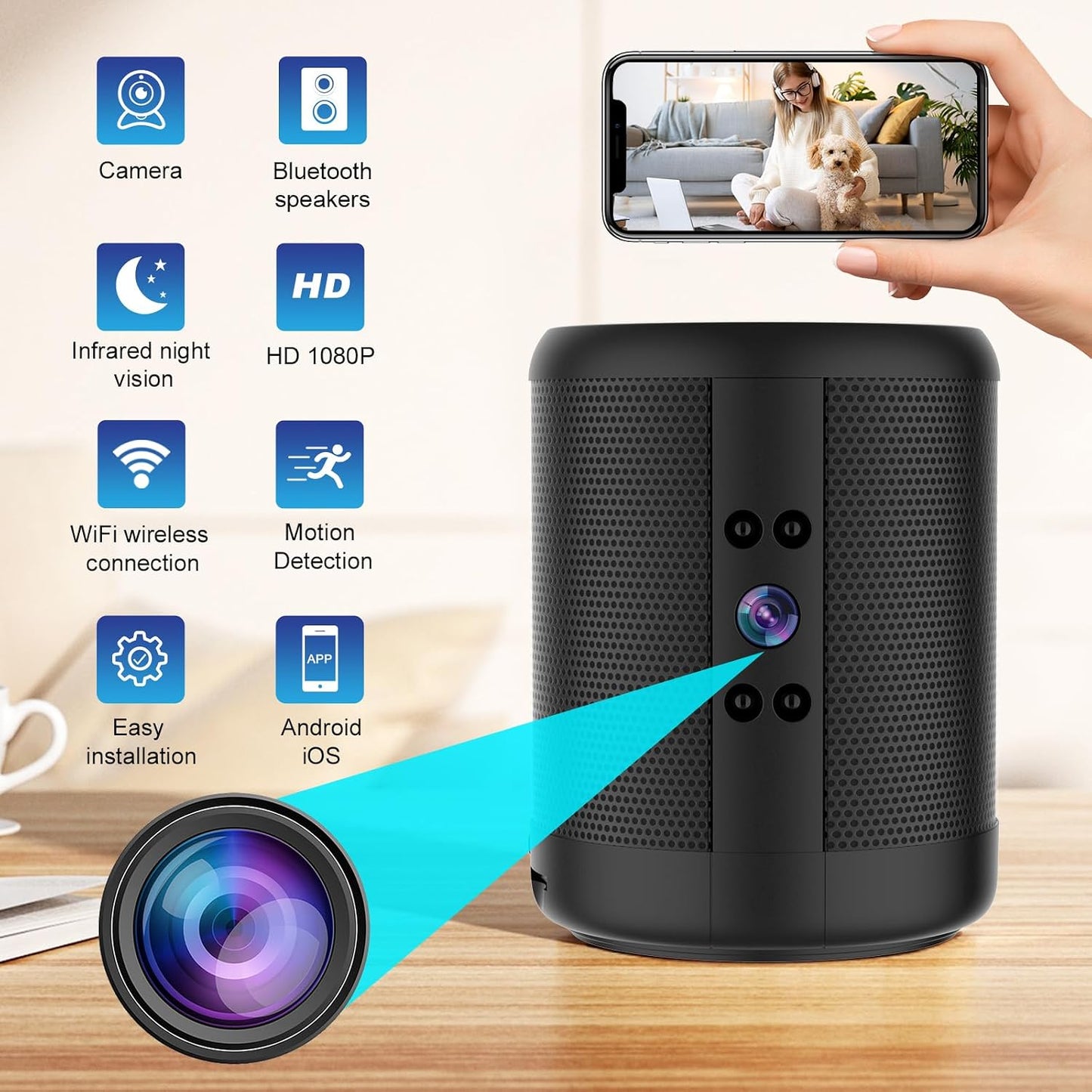 TnoxHD 24/7 Indoor Camera Bluetooth Speaker, HD Wireless Home Security Camera with Night Vision, Motion Detection