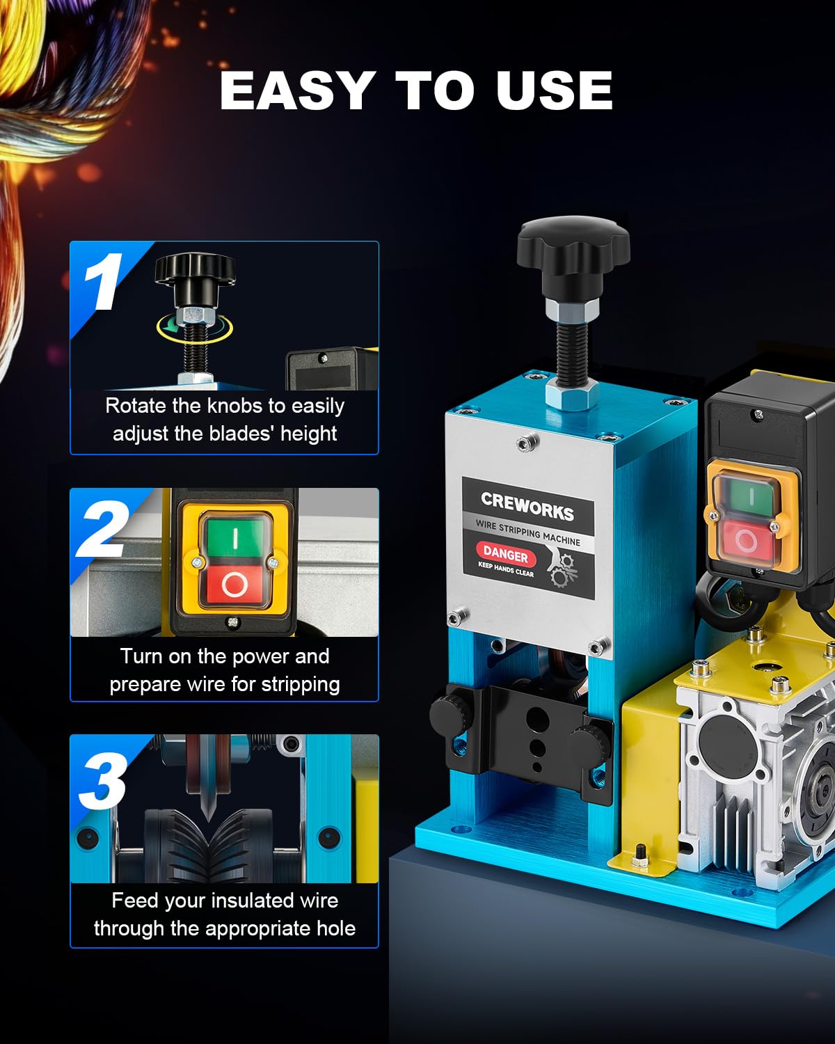 CREWORKS 180W Electric Wire Stripper Machine, 0.06"-1" Automatic Wire Stripping Machine, Wire Stripping Tool for 1.5-25 mm Scrap Wire, 5 Channel Copper Wire Stripper Tool for Leftover Cable Recycling