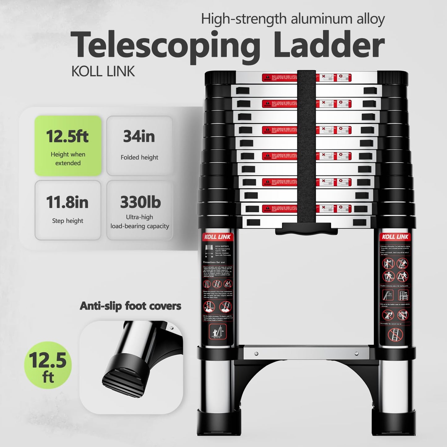KOLL LINK Telescoping Ladder,12.5 FT Aluminum Lightweight Extension Ladder with 2 Triangle Stabilizers, Heavy Duty 330lbs Max Capacity