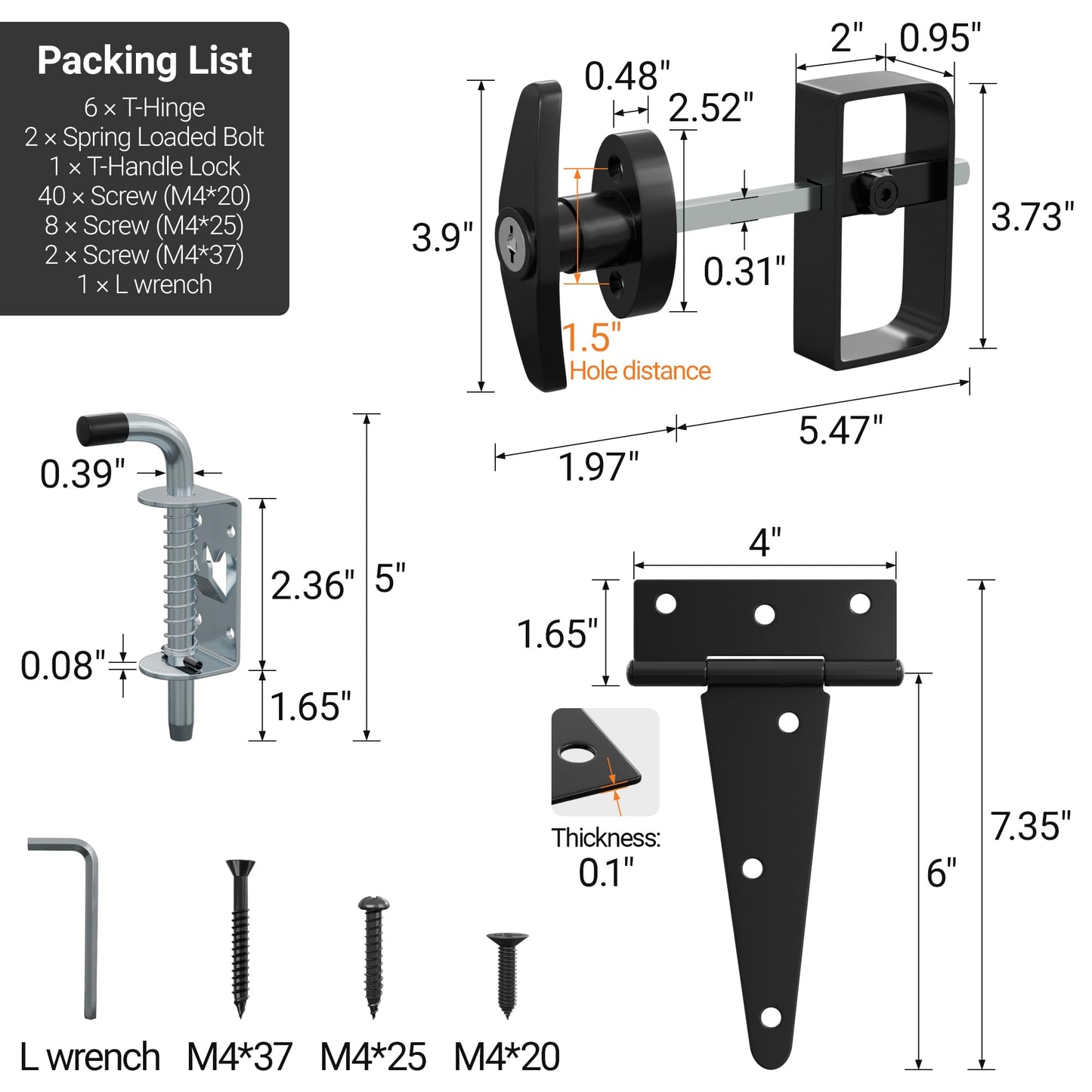 SKYSEN Shed Door Hardware Kit, Complete Set with T-Handle Lock, Barrel Bolts & Hinges.(sdhk)