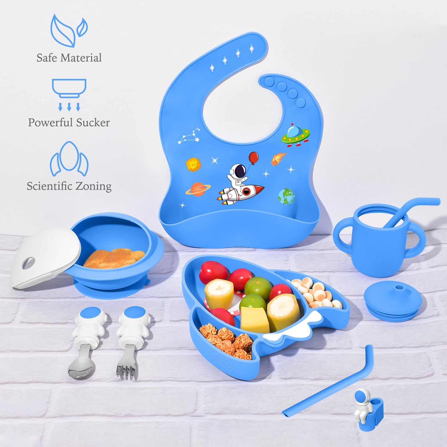 8 PCS Silicone Baby Feeding Set, Astronaut Theme, Spoons, Fork, Silicone Bibs, Baby Sippy Cups, Plate Bowl Set Baby Eating Essentials Led Weaning Toddler (Blue)