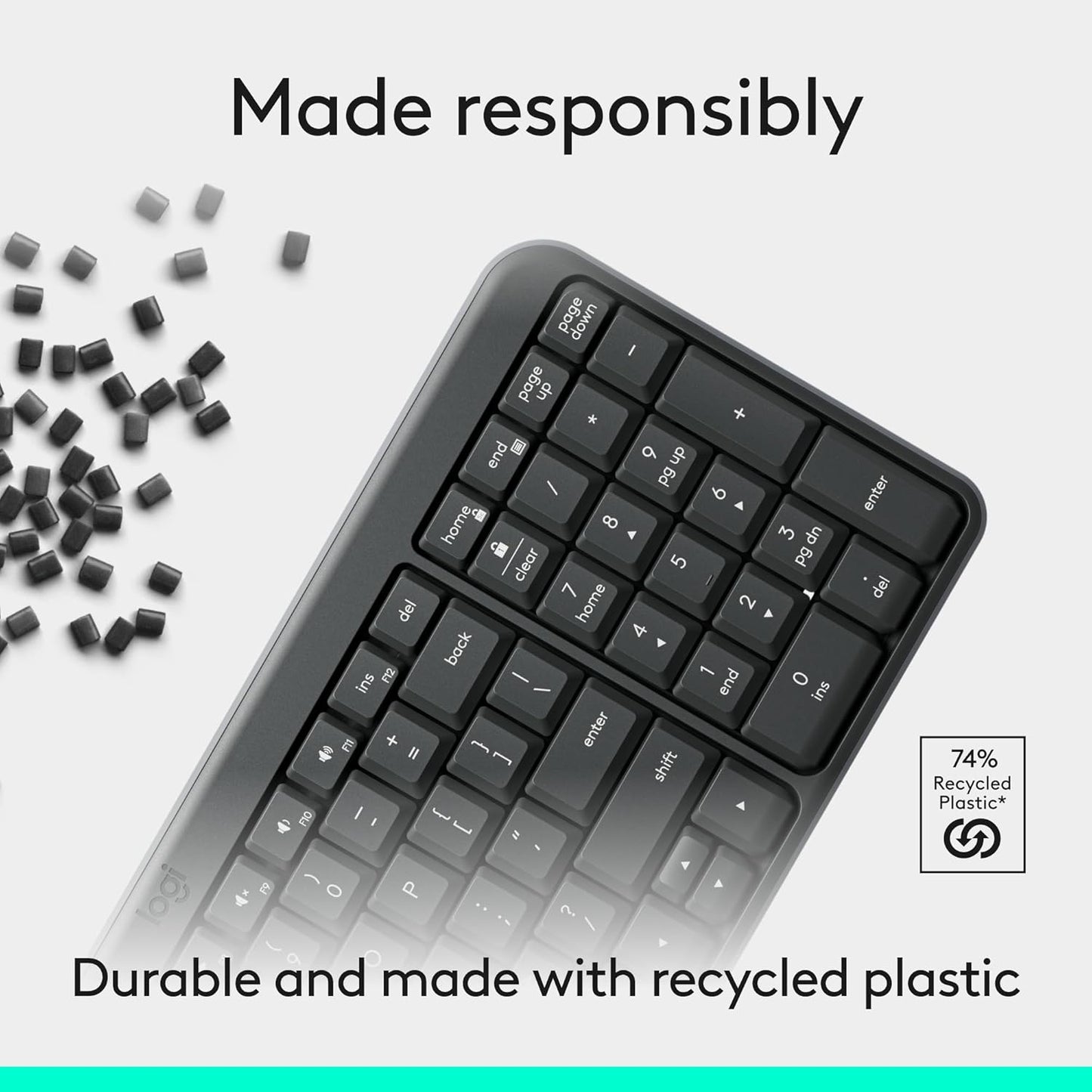 Logitech K250 Bluetooth Keyboard with Numpad, Easy Connectivity, Compact Wireless Keyboard Made with Recycled Plastic