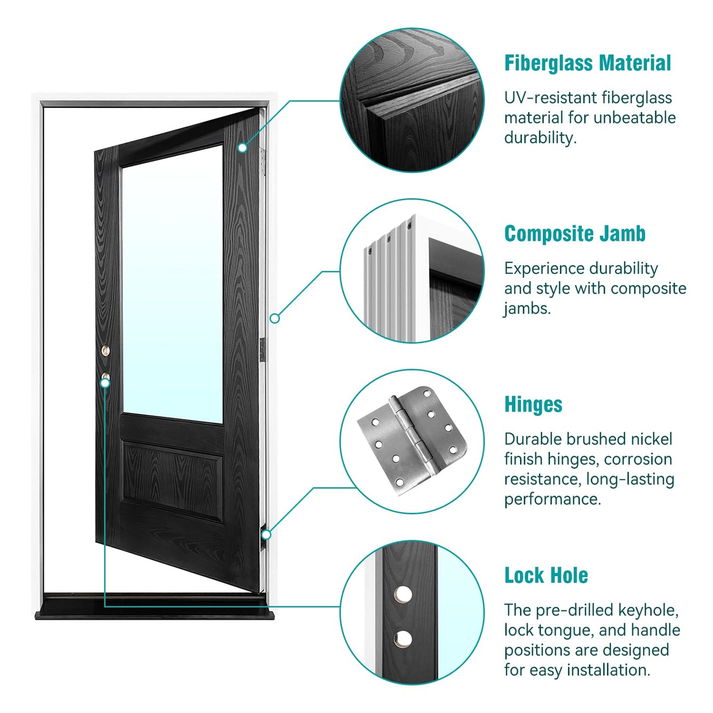 3/4 Lite 36" x 80" Fiberglass Front Door with Tempered Low‑E Glass, Pre‑Assembled Prehung Entry Door Glass Inserts and Frames, Dual‑Color Black/White Finish, Right Hand Inswing