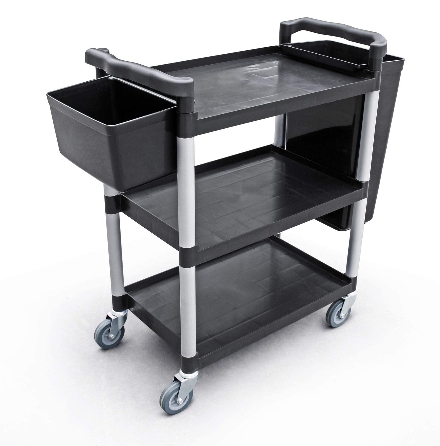 New Star Foodservice Heavy-Duty 3-Tier Plastic Utility Bus Cart with Locking Casters, 350 lb Capacity, 42.5 x 19.5 x 38.5 Inch, Black