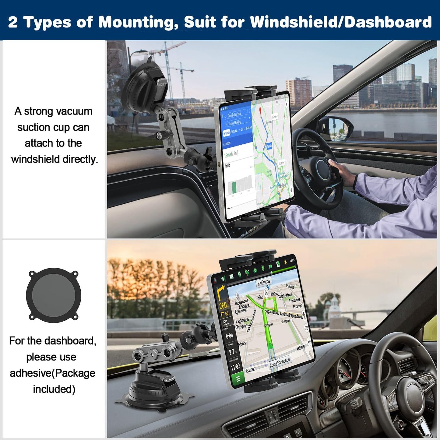 BAISHUN 360 4.7-12.9" Tablet Mount for Truck, Car Tablet Holder Heavy Duty Super Suction Cup/Adhesive Base iPad Stand
