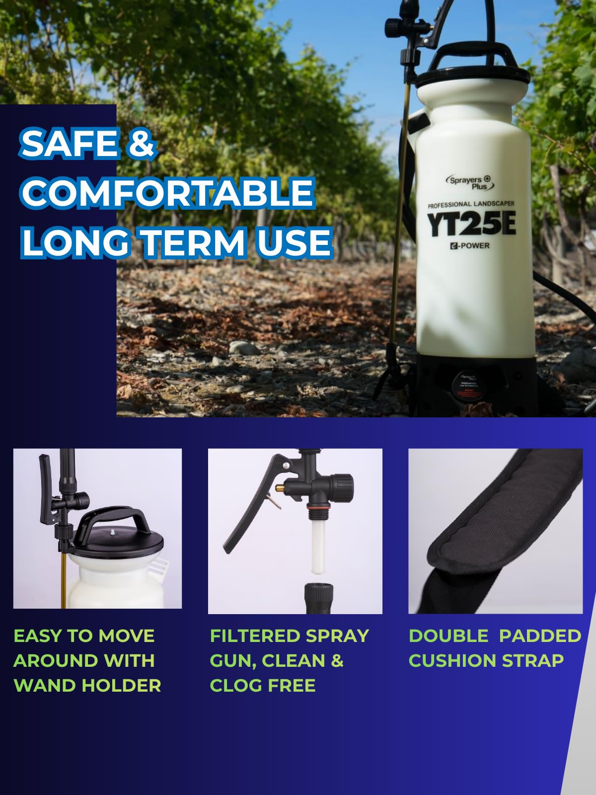 Sprayers Plus YT25E Battery Powered Sprayer 2 Gallon, Rechargeable with 12V Lithium-ion Electric Sprayer,Chemical Resistant Brass Wand Nozzle,Viton Seals for Long Distance Lawn Care