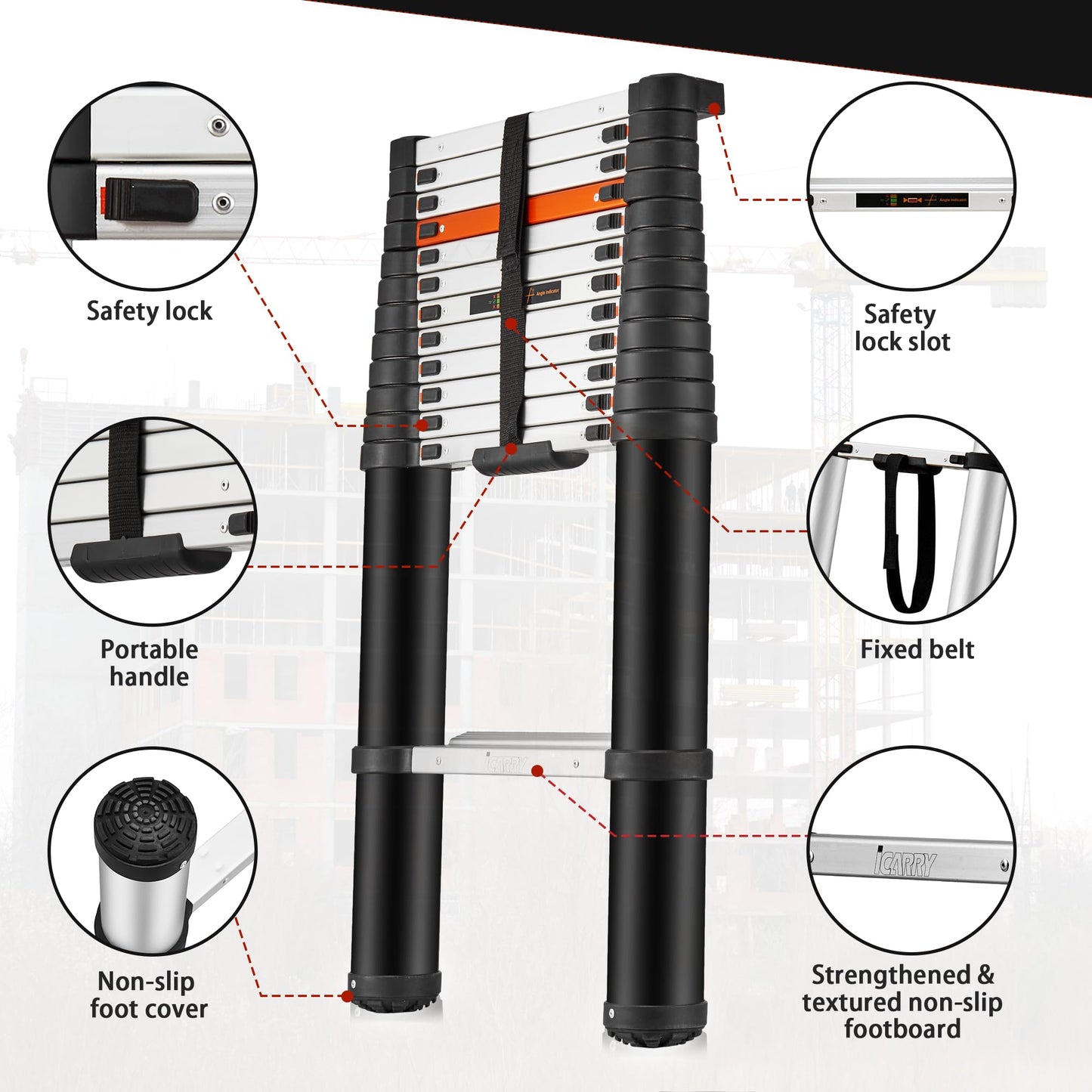ICARRY Telescopic Ladder 12.9 FT Extension Ladder Aluminum Lightweight Telescopic Ladders, Multi-Purpose Collapsible Extension, Soft Close Design, 300lb Capacity,Ideal for Home, RV, and Outdoor Work