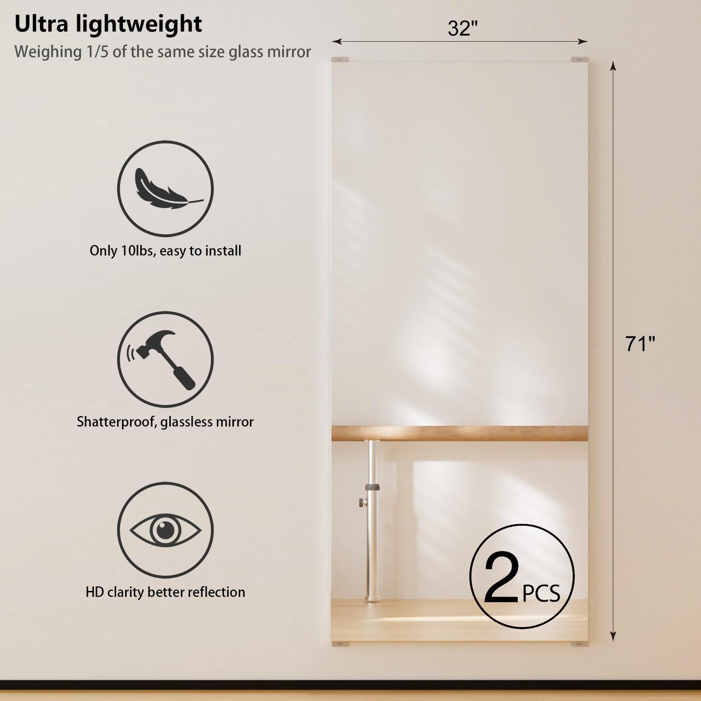 HDmuxel 2PCS Full Length Wall Mirror, 71" x 32", Nano Film Surface Without Glass, shatterproof, Safe, Lightweight, only 10lbs Easy to Move and Install, for Home Gym, Dance Studio, Yoga Studio.