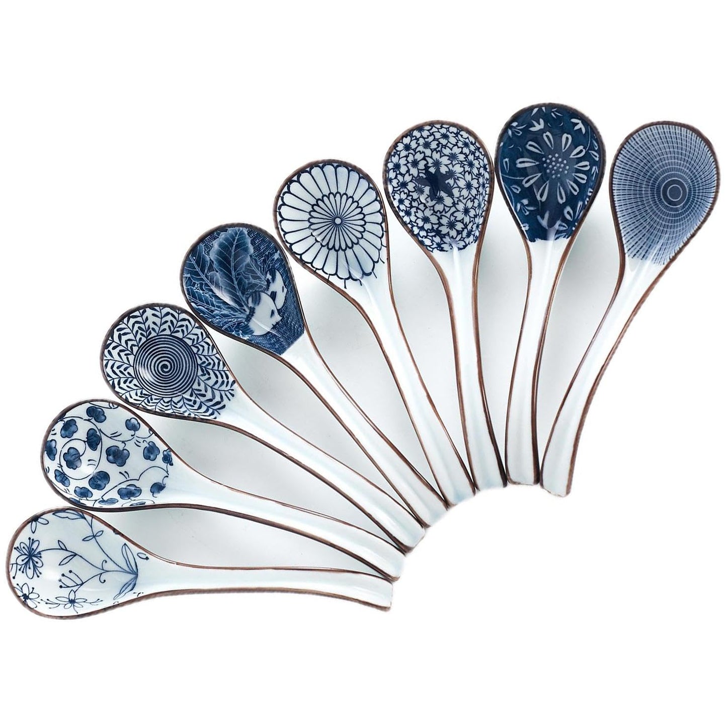 Ceramic Asian Soup Spoons, Easy to Hold, Long Handle Perfect Depth Spoon Set for Japanese Ramen Noodles, Chinese Dumpling, Pho, Miso, Wonton, Dishwasher Safe -Set of 8 - Blue