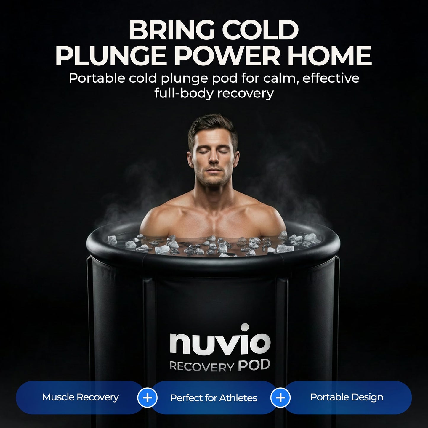 Nuvio Portable Ice Bath Tub - Inflatable, Cold Plunge Tub 87 Gallons, Full Body Plunge with Lid & Drain, Fits Up to 6'10", Indoor/Outdoor Cold Therapy