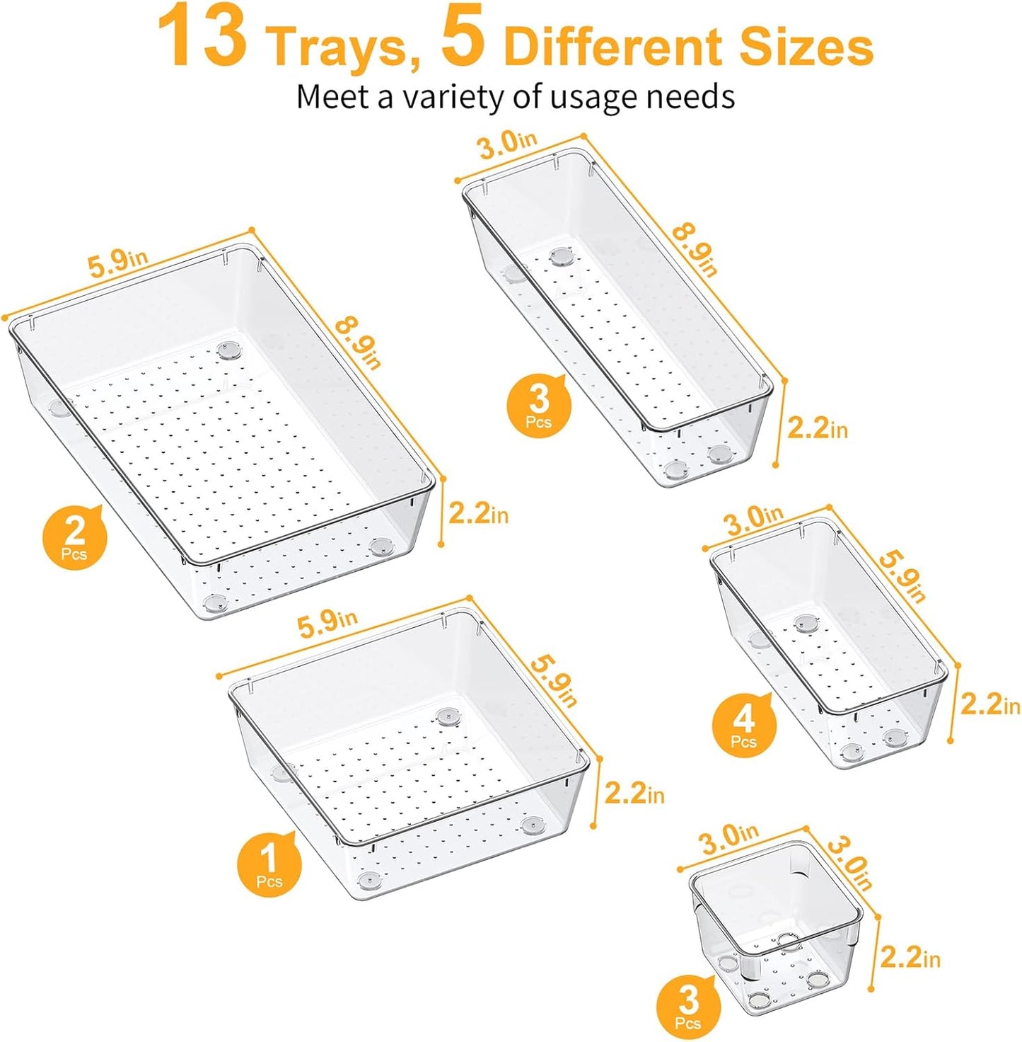 SMARTAKE 13-Piece Drawer Organizers - Non-Slip Silicone Pads | Versatile Storage Trays for Makeup, Jewelry & Utensils - Clear