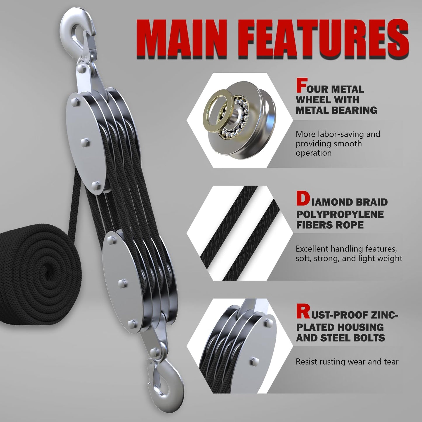 YATOINTO Rope Hoist Pulley System with Metal Bearing, 4400LB Pulley Block and Tackle, 8:1 Lifting Power 65ft, Heavy Duty Pulley Block for Hunting Lifting Heavy Objects Garage Warehouses Building