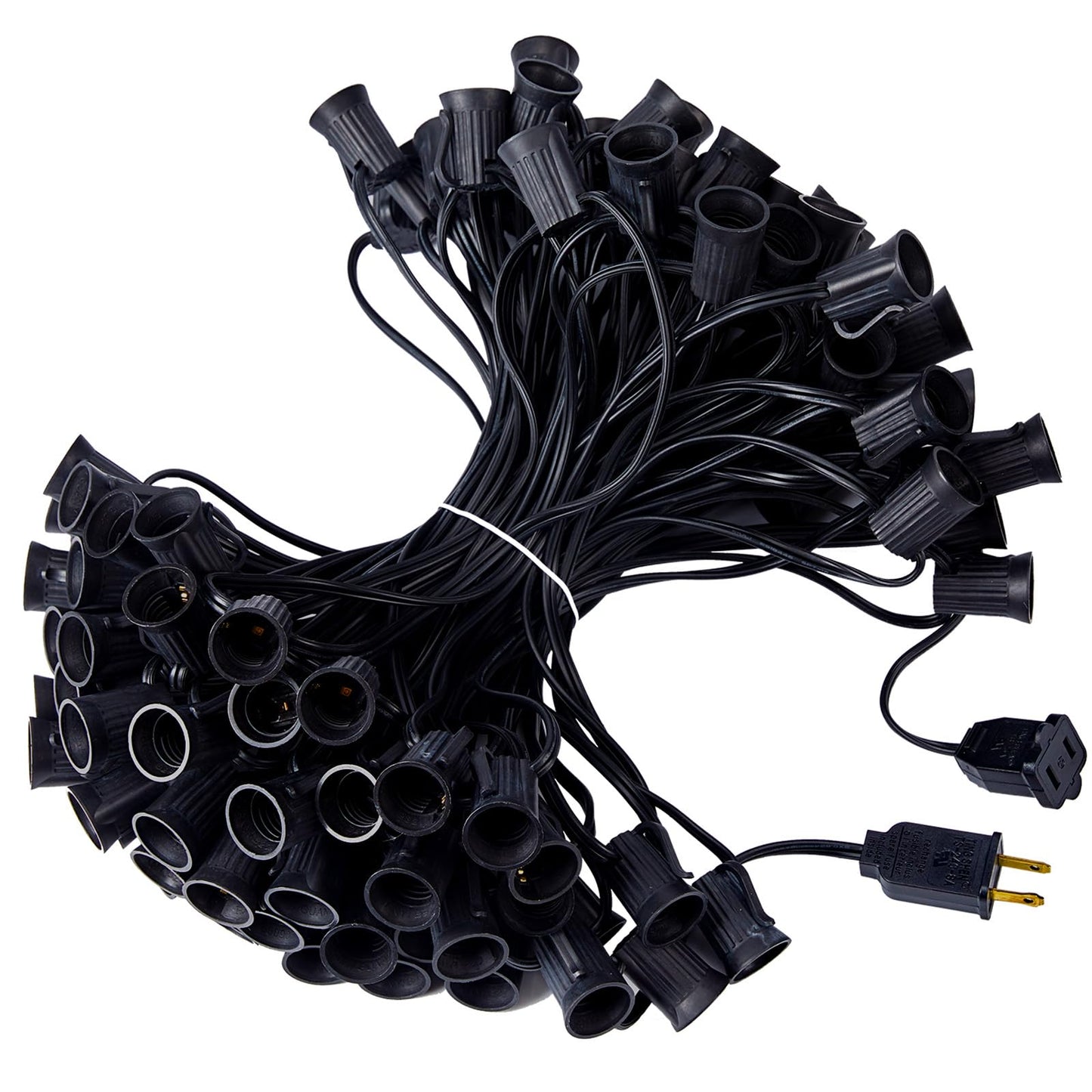 Minetom C9 Stringer Lights, 100 FT Connectable with 100 Sockets, Black Wire, 12in Spacing, Plastic, Outdoor Patio Use