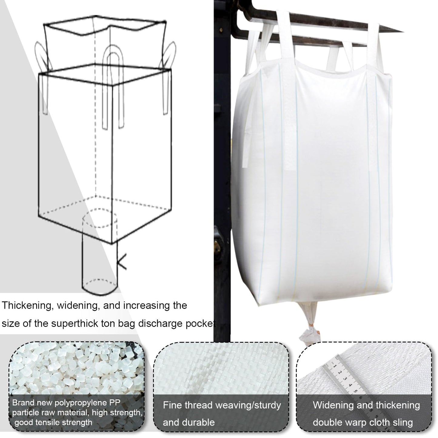 Aolikebao 10-Pack Transparent Polypropylene FIBC Bulk Bags, 35.4"L x 35.4"W x 50"H, 3300lbs/45CF, SWL, Duffle Top, Spout Bottom