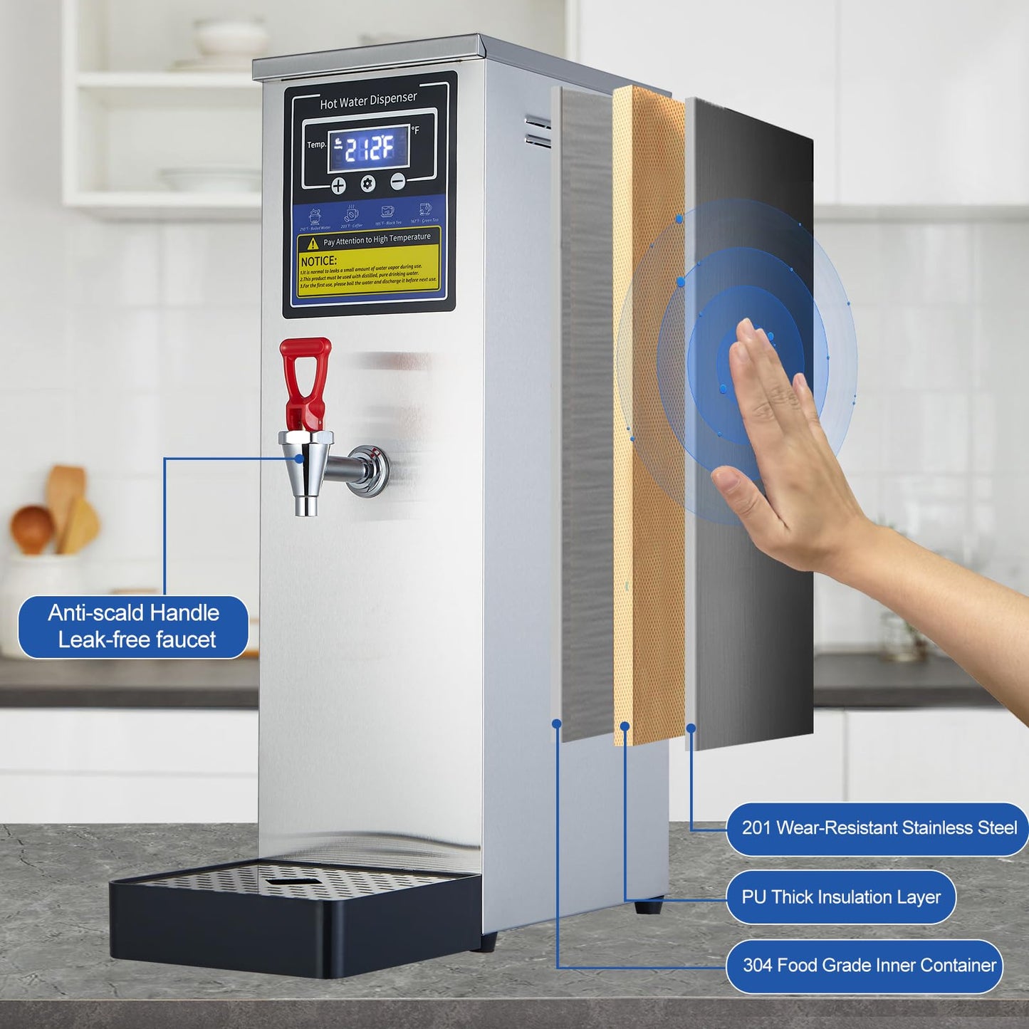 Hot Water Dispenser Commercial Water Boiler Electric Warmer Hot Water Machine Stainless Steel 30L(8GAL)/Hour Step-heating Temperature Control 86-212°F for Boba Tea Coffee Office Restaurant 1600W