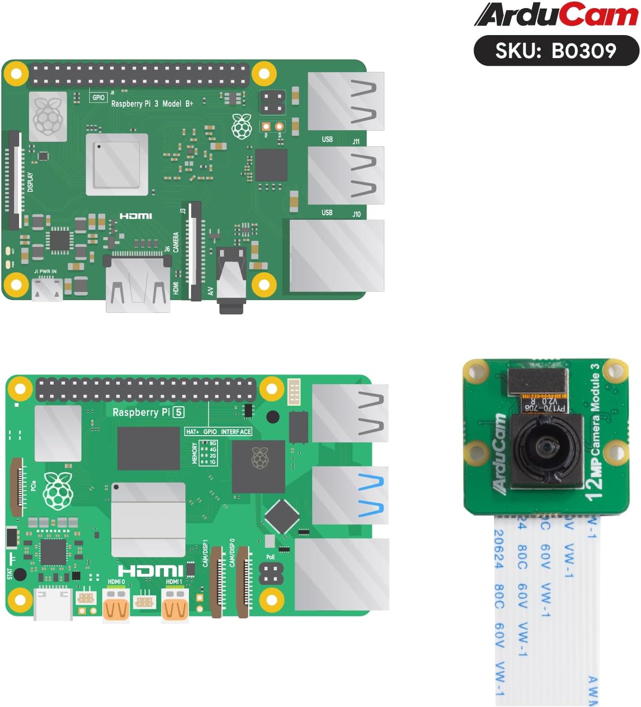 Arducam 3, 12MP IMX708 102(H) 5, 4/4B, 3/2/Zero for Raspberry Pi Camera Module Wide Angle Fixed Focus HDR Camera