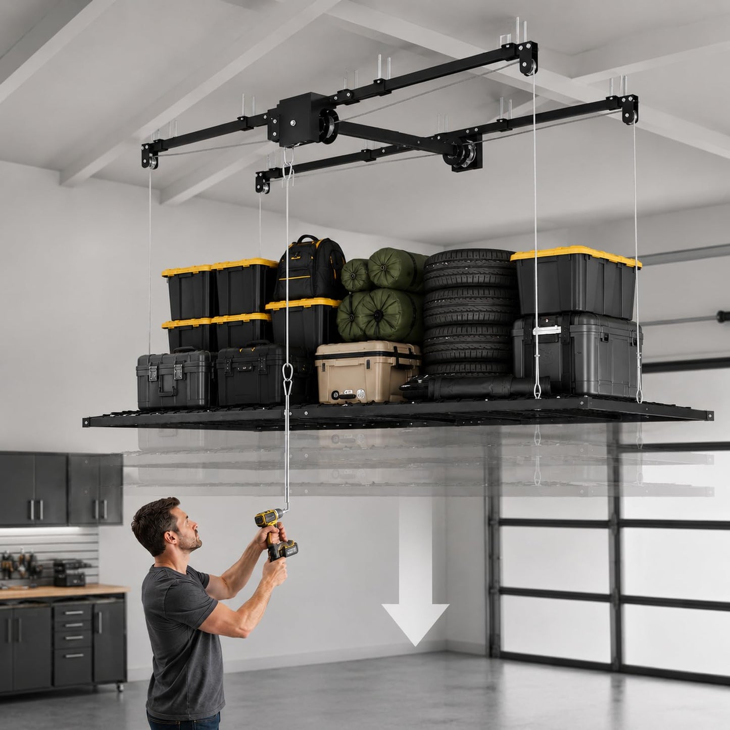 Overhead Garage Storage Rack 5x9 FT, Pull Down Garage Ceiling Storage Lift System with Drill-Operated Crank, Heavy Duty Ceiling Mounted Organizer with Safety Lock, 400 LBS Capacity