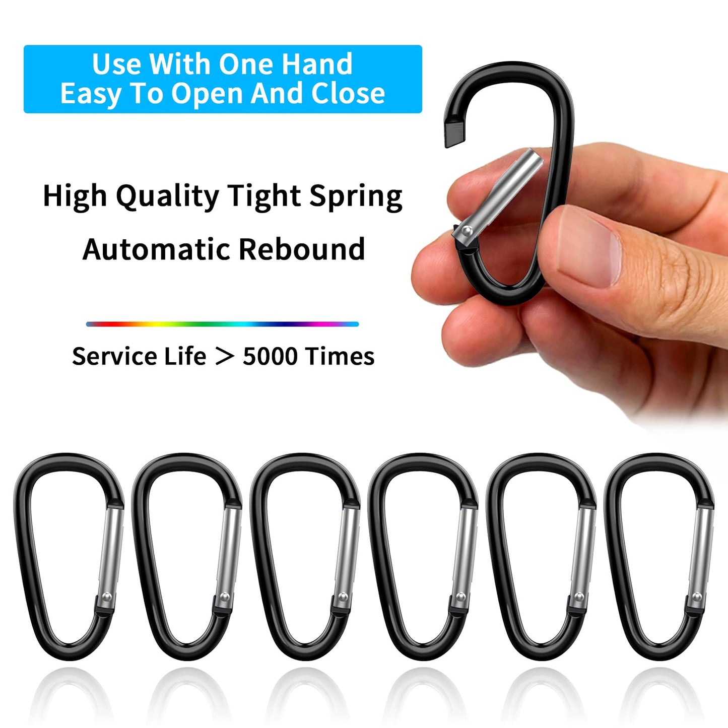 XIECHANEE 30PCS Aluminum Carabiner Clips, 2" D Shape Spring Snap Hooks Carabiner with 30PCS Keyring Keychain Hook, Black