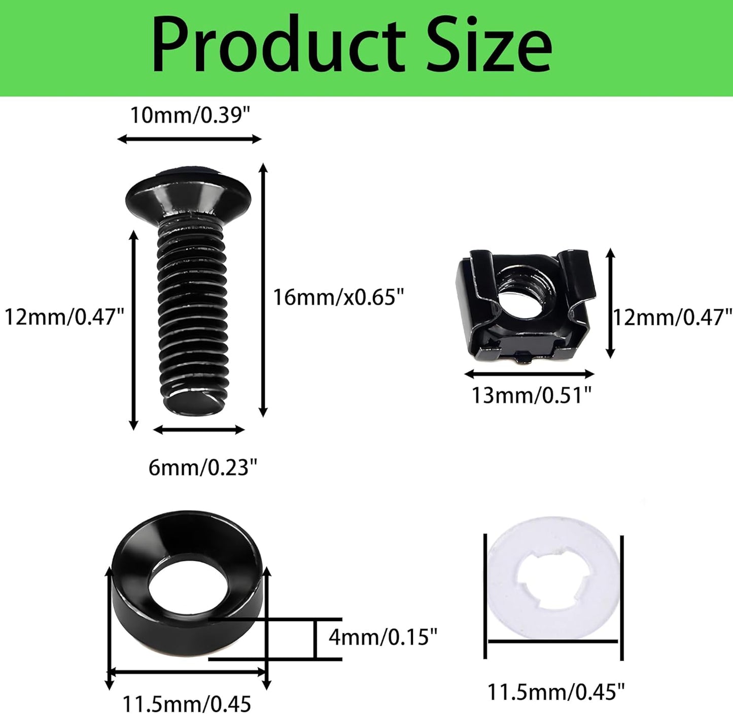 ZCLGOOD 50PCS M6 16mm Set, x Rack Mount Cage Nuts, Screws & Nylon Washers Black Carbon Steel Hardware Kit for Server