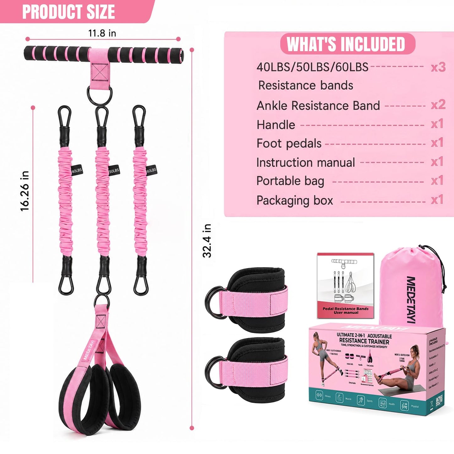 MEDETAYI Pedal Resistance Band 40/50/60 lbs with Handles and Ankle Cuffs, 3-Tube Adjustable Exercise Bands for Women’s Home Workout, Abs, Core, Arm, Leg and Hip Training