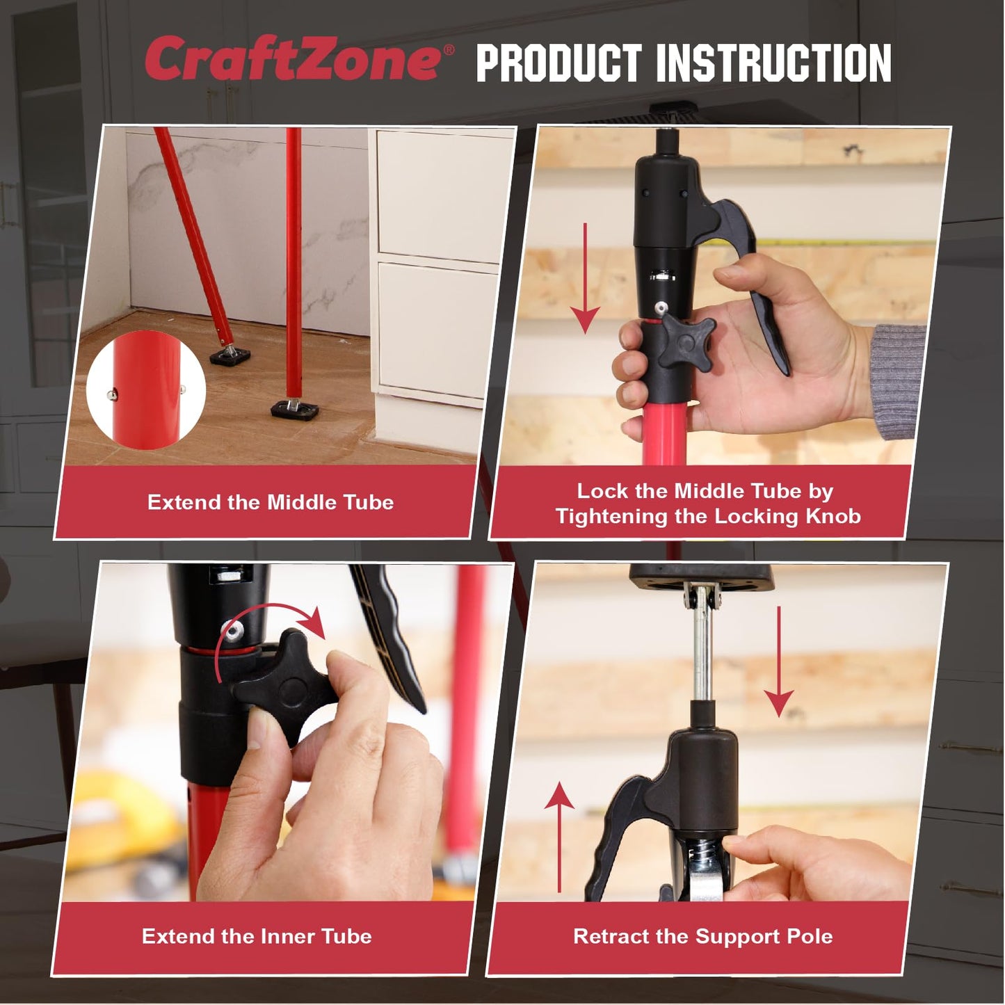 Cabinet Jacks for Installing Cabinets Heavy Duty Third Hand Support Pole Drywall Lift Premium Dust Barrier Poles Telescopic Adjustable 4-Pack