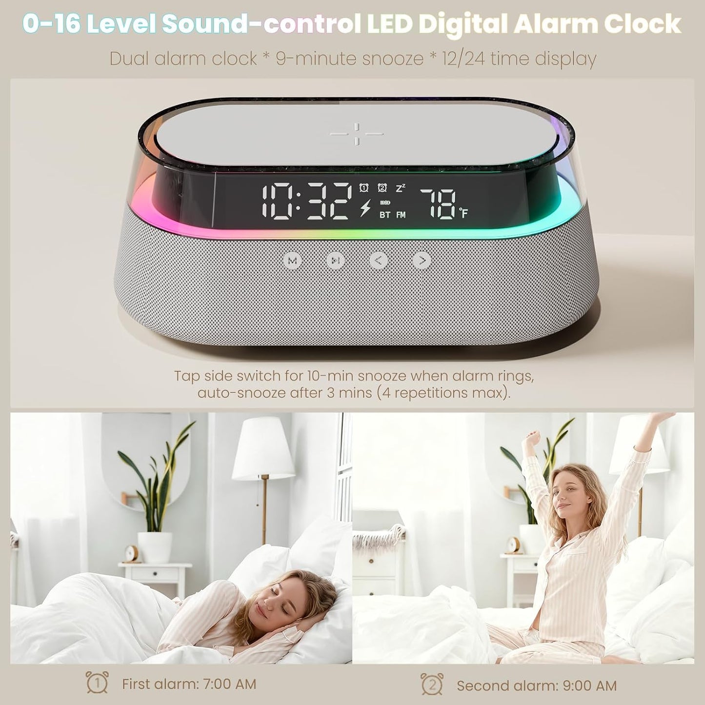 KUANGXIANG 6-in-1 15W Dimmable Bluetooth Speaker Alarm Clock with Remote, Fast Wireless Charger, FM Radio & LED Night