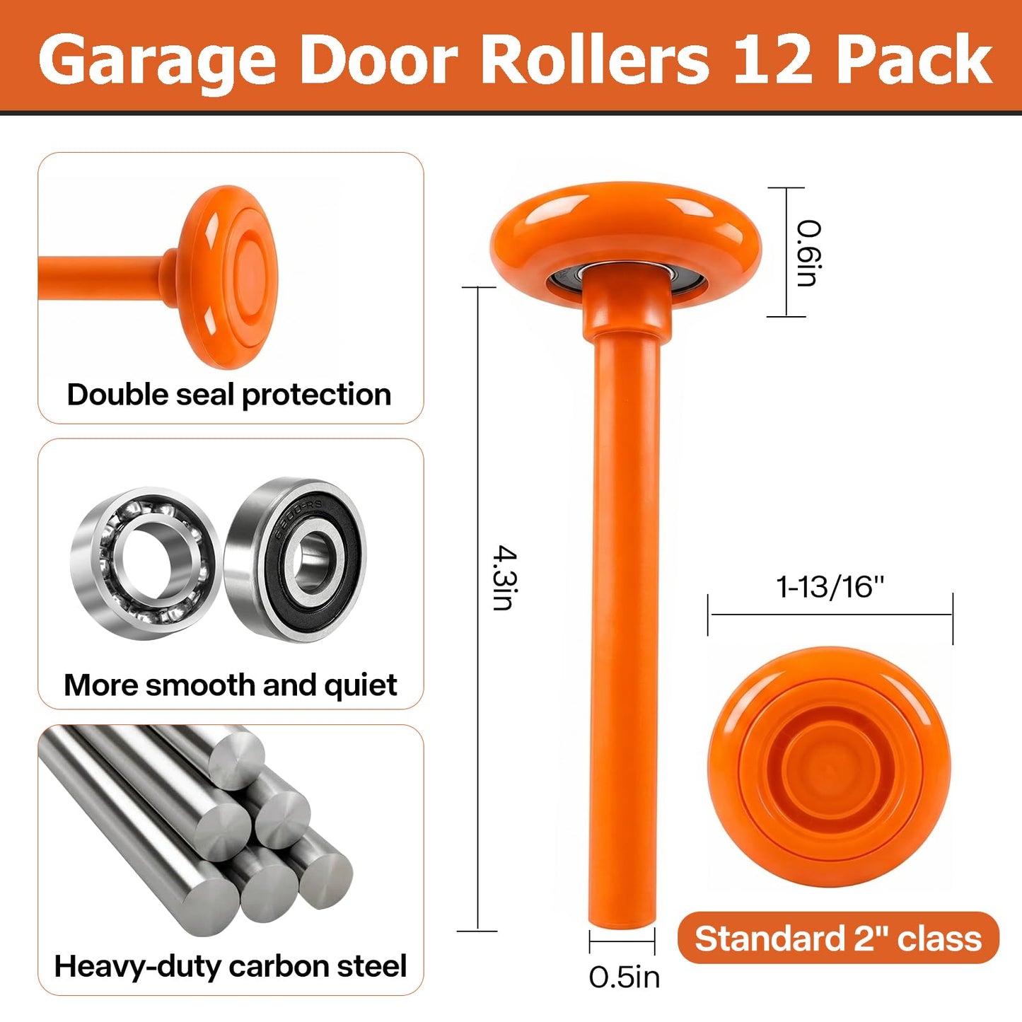 12 Pack 2" Nylon Garage Door Rollers, 4" Nylon Layer Stem, Quiet/Smooth Garage Door Wheels Replacement, Double Seal 6200-2RS Bearings