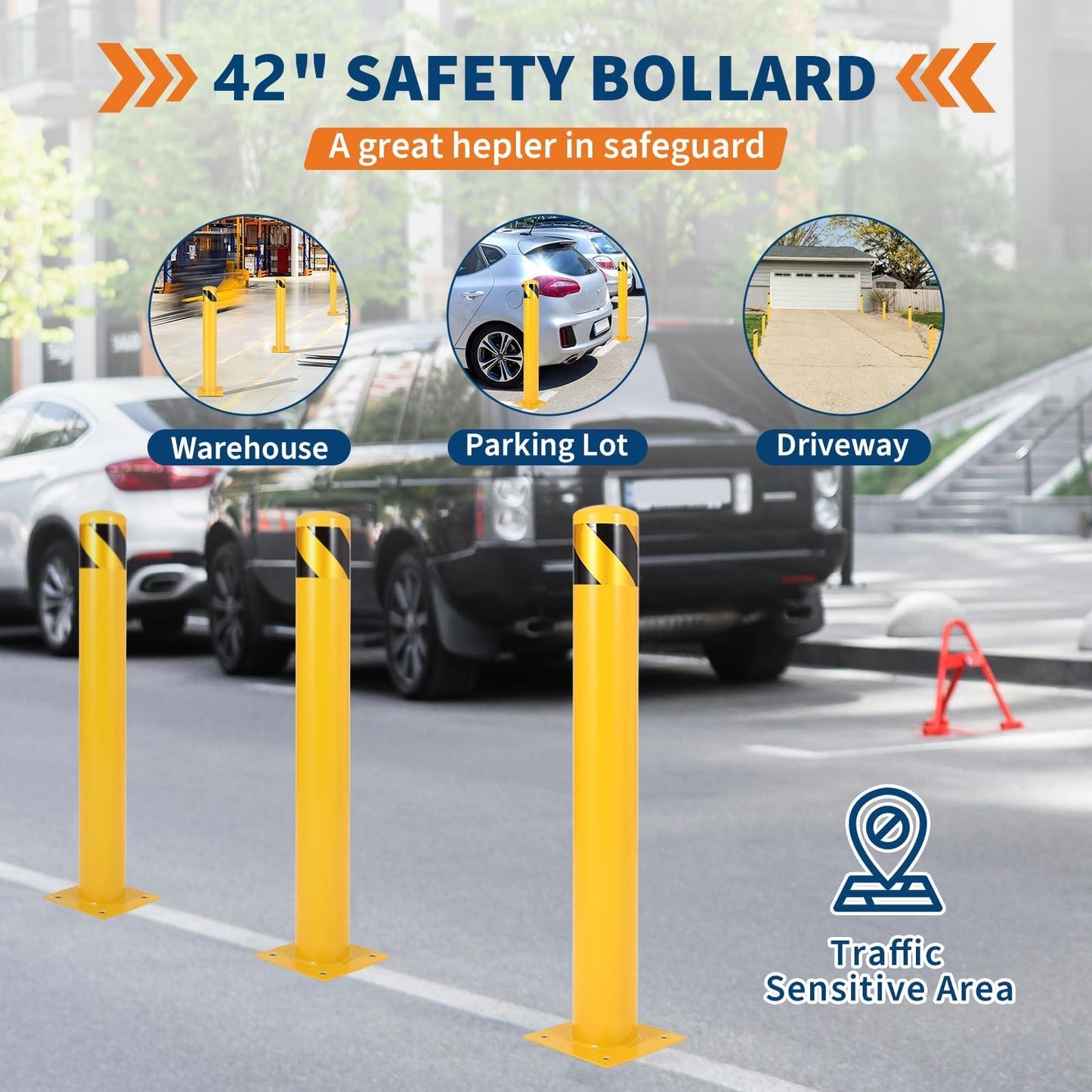 Safety Bollard, 42" Height 4.5" Diameter Steel Post with Anchor Bolts, Yellow Traffic Bollard for Property Protection & Parking Lots (6 Pack)