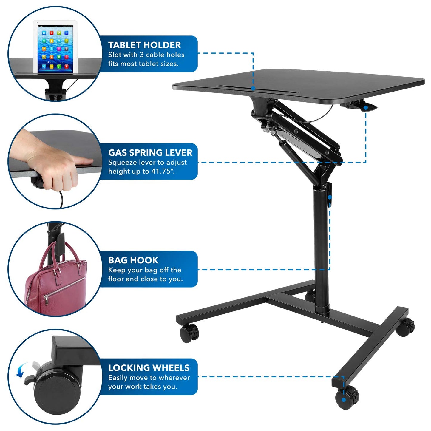 Mount-It! Mobile Standing Desk for Laptop with Wheels, Gas Spring Height Adjustable Rolling Workstation Cart, 27" x 20" Laptop Desk on Wheels, Portable Computer Desk for Home Office, Classroom