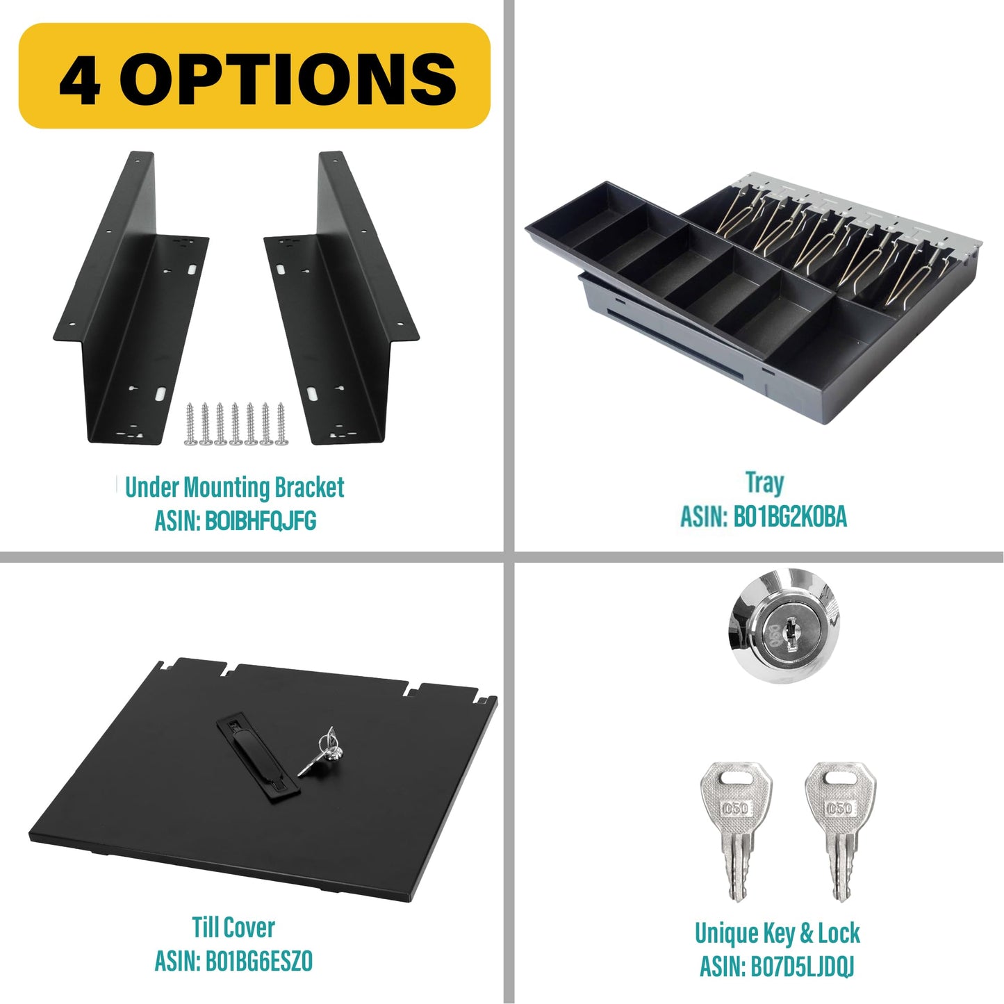 HK SYSTEMS 16" Heavy Duty Black Push Open Cash Drawer, 5B5C with Under Counter Mounting Metal Bracket