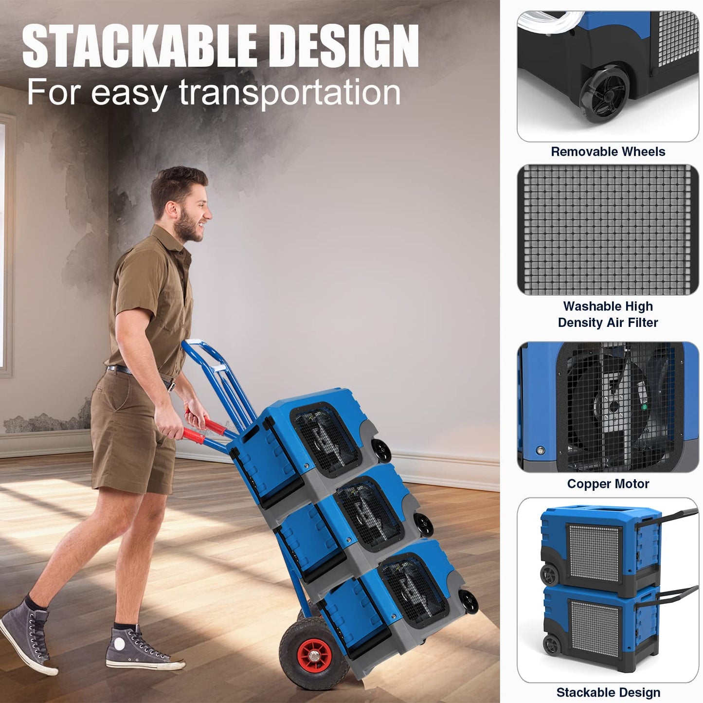 Mounto MOUNTO 268Pints LGR Commercial Compact Dehumidifier with Pump and Drain Hose, LGR Portable Dehumidifier with wheels for Home, Basements, Garages, and Job Sites (Blue)