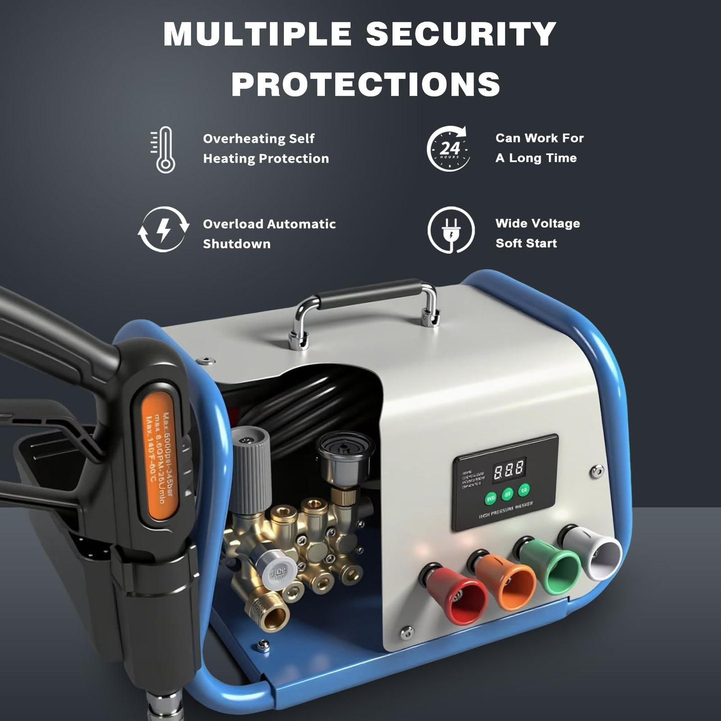 Yoking Pressure Washer, Max 150 bar, 12L/min, Power Washer for Cars, Driveways, Patios, Decks & Sidewalks, PM Inverter 3HP Motor,Horizontal Triplex Pump,60dB Quiet,with 7 Nozzles,Dual Wall/Floor Mount